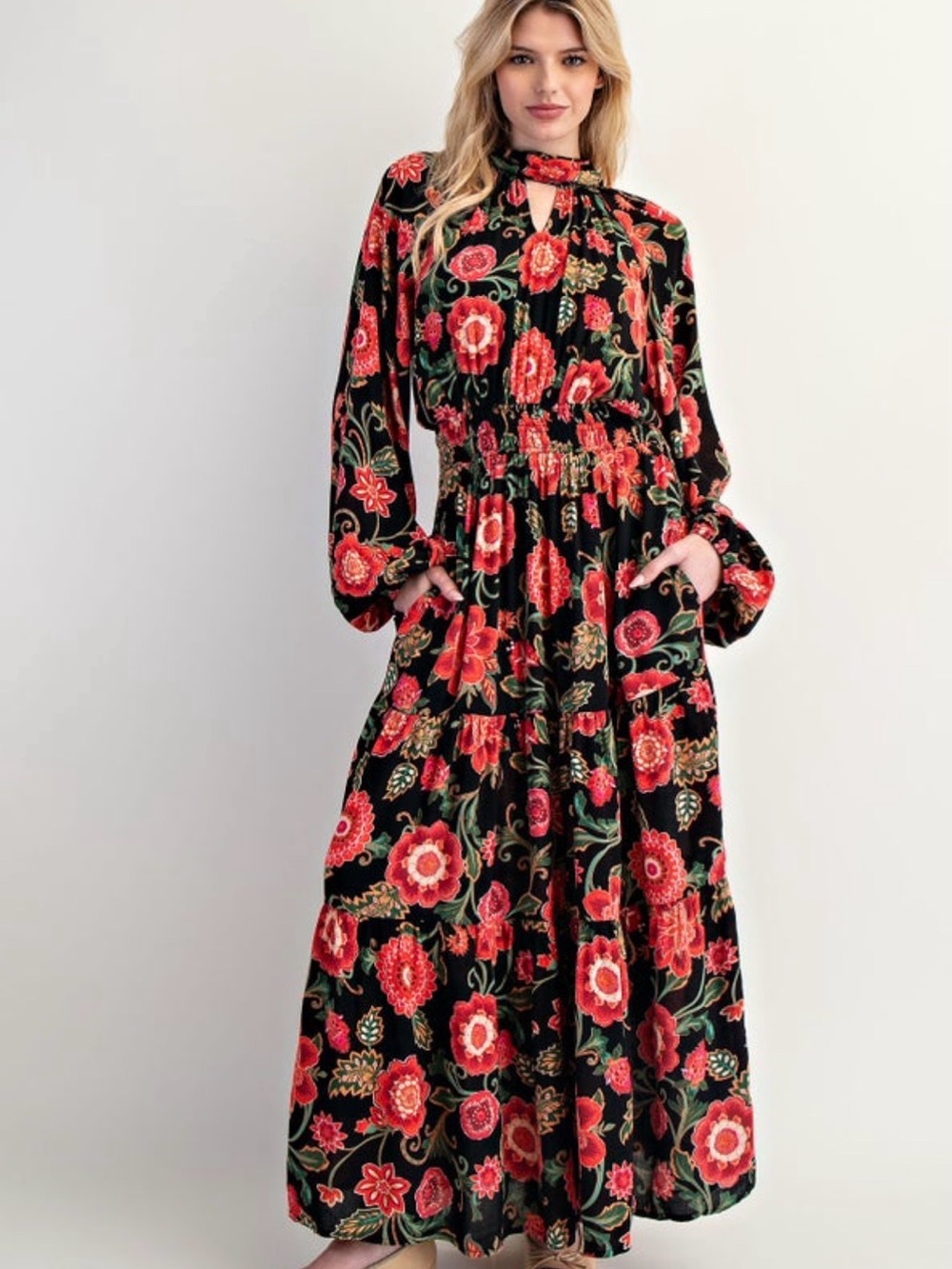 Black Floral Keyhole Maxi Dress with Smocked Waist